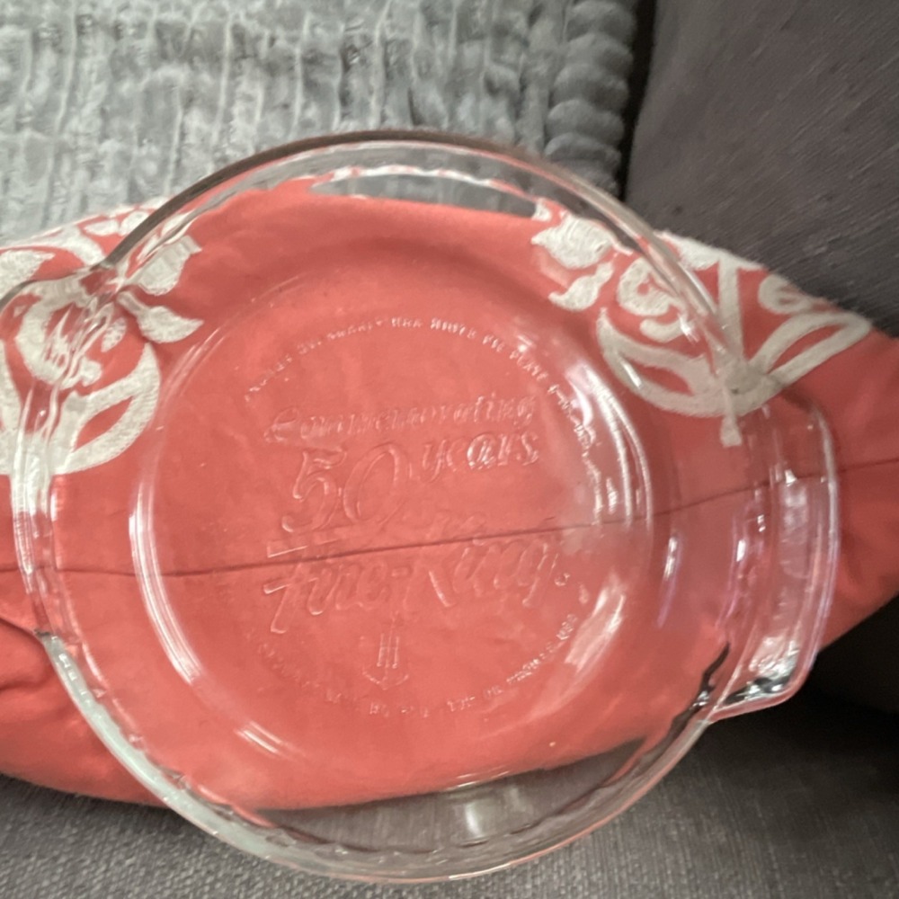 Fire-King Clear Glass 9" Round Pie‎ Dish 1 Qt Commemorating 50 Years Vintage